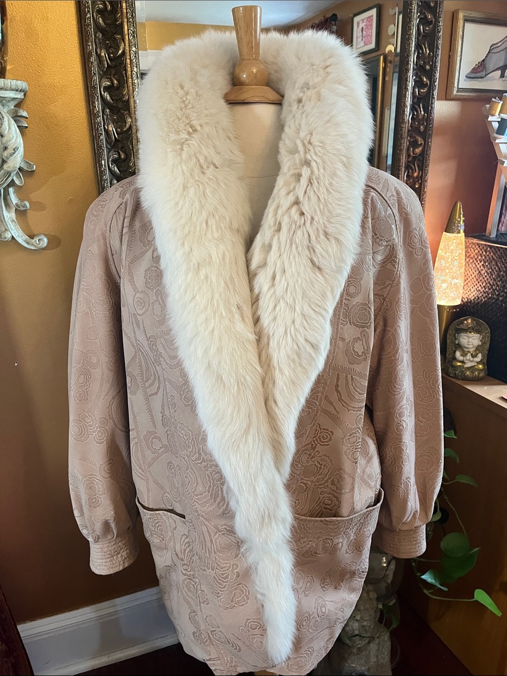 Vintage 80s Marvin Richard’s J Percy Blush suede Coat with Cream fur trim Size M - Picture 8 of 16